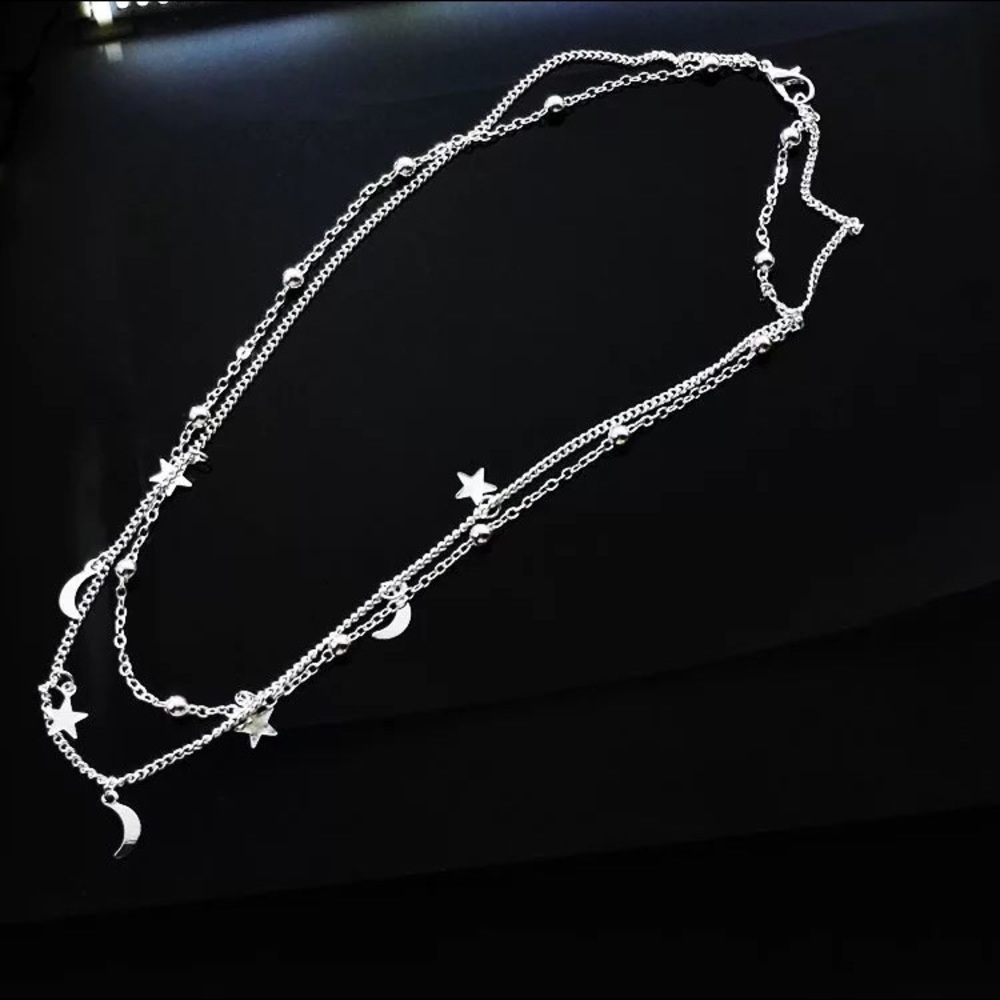 Silver Plated Moon Star Double Choker Necklace